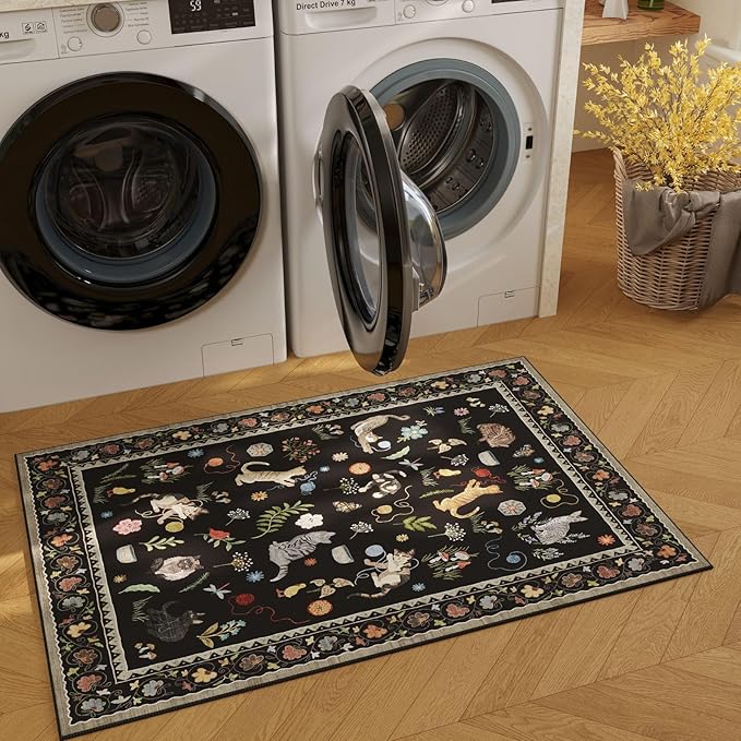 Door Mat Indoor Entrance 2x3 Rug Machine Washable Boho Floral Animal Cat Small Area Rug Non-Slip Low Pile Throw Rugs for Entryway Kitchen Front Door Indoor Entrance Entry Kids Room, Black