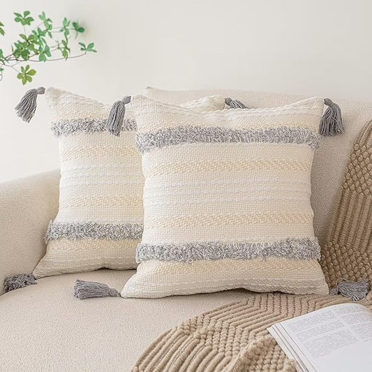 Boho Throw Pillow Covers 20x20 Set of 2 Woven Tufted Farmhouse Pillows Cover with Tassels Textured Striped Cushion Case Neutral Pillow Cases Decorative Pillowcase for Couch, Bed, Light Grey