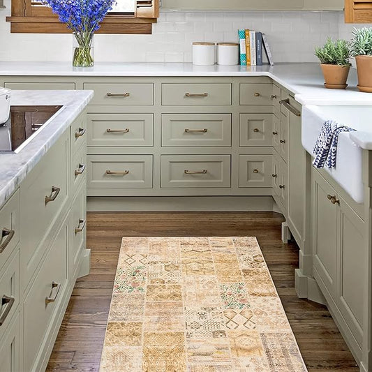 Boho Kitchen Rug Washable,4x6 Non Slip Small Area Rug for Bathroom Bedroom Indoor Entrway Ultra Thin Fit Under Door,Light Tan Beige Brown and Blush Pink Green