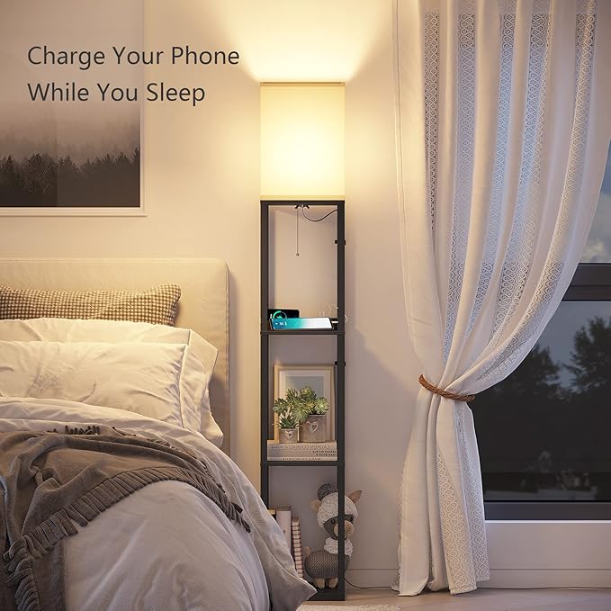 SUNMORY Shelf Lamp with Remote Control, Stepless Color Temperature & Dimmable, Floor Lamp with Shelves with 2 Usb Charging Ports and 2-Hole Socket, Solid Wood Tall Lamps for Living Room, Bedroom，Black