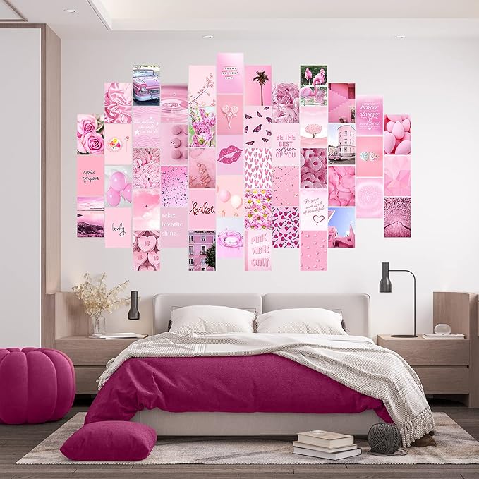 WOONKIT Pink Aesthetic Pictures, Collage Kit for Wall, Pink Room Wall Bedroom Dorm Decor, Room Decor for Teen Girls, Trendy 50pcs 4x6 inch
