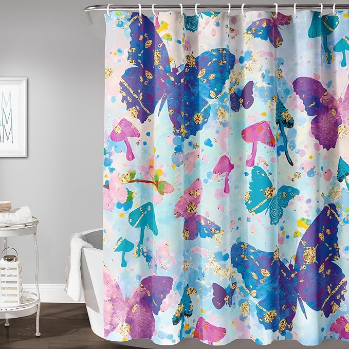AILONEN Butterfly Shower Curtain for Bathroom, Blue Pink Tie Dye Butterfly Bath Curtain,Women Girls Bathroom Curtain,48" W*72" H Polyester Waterproof with 12 Plastic Hooks