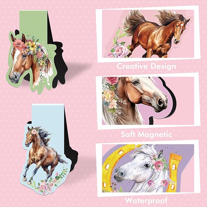 Horse Magnetic Bookmarks: 12 Pcs Horse Animals Magnet Book Page Markers, Cute Bookmark Clips for Reading, Gifts for Kids Women Students Teachers Book Lovers Office School Supplies