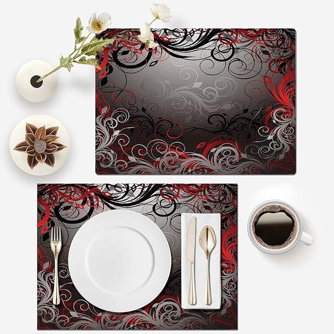 Mcalk Table Runner and Placemats Set of 6 Pieces,Mystic Gray Leaf Placemat,Cloth Place Mats Red Indoor for Kitchen,Washable Placemats Floral Print Linen Material for Dining Table