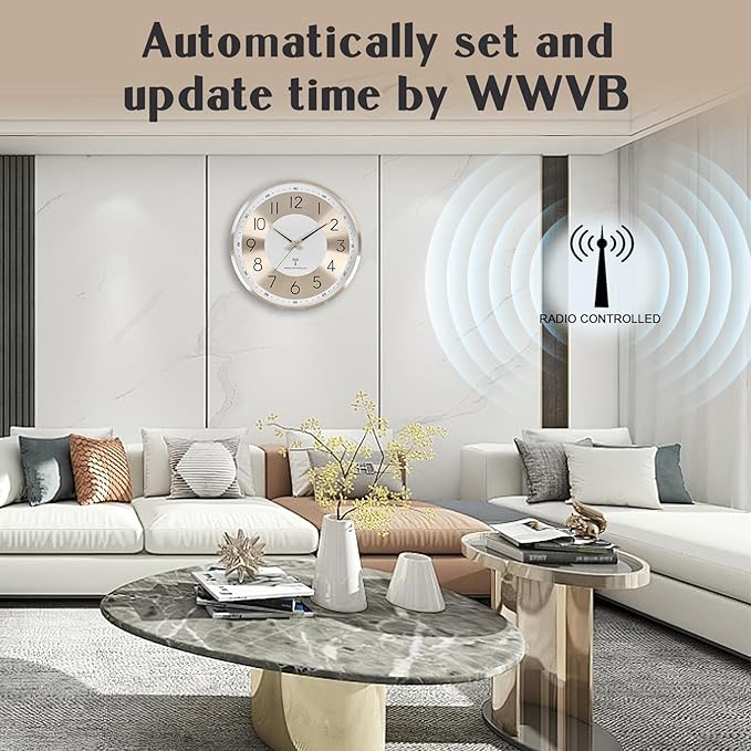 Atomic Analog Wall Clock 14 Inch Battery Operated Wall Clocks Radio Controlled Clock Sets Automatically Gold Large Wall Clock Decor Kitchen Living Room Bedroom