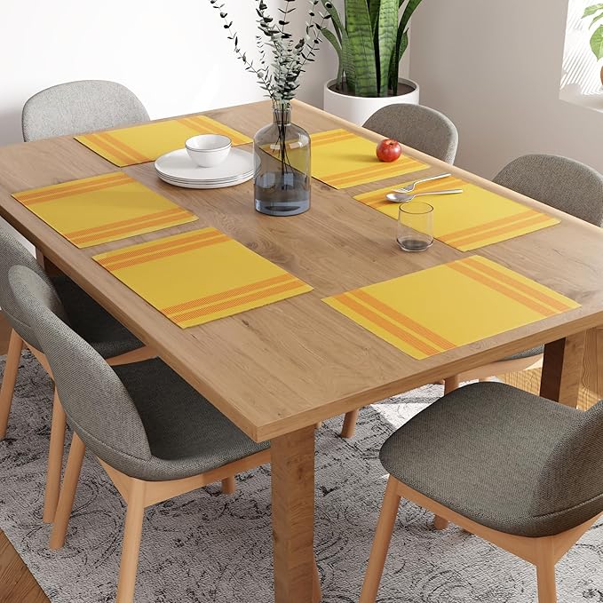 Encasa XO Dining Placemat Set of 6 | Ladder Lemon Color | Fine Ribbed Cotton Table mat | Size 18x13 in | Machine Washable