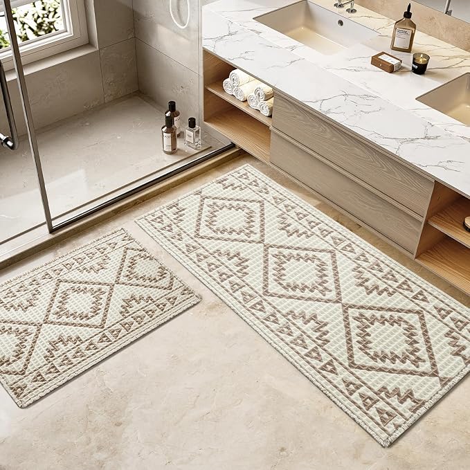 PADOOR-Waffle Bath Mat 24"x36"-Super Absorbent Bath Mats for Bathroom, Machine Washable Non Slip Bathroom Rug with Tassels, Soft Bathroom Mat for Laundry Room, Bedroom, Cream & Brown, 2'x 3'