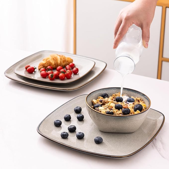 AmorArc Ceramic Dinnerware Sets for 4, 12 Pieces Square Handpainted Plates and Bowls Set, Chip and Scratch Resistant Stoneware Dishes Set, Dishwasher & Microwave Safe, Reactive Glaze