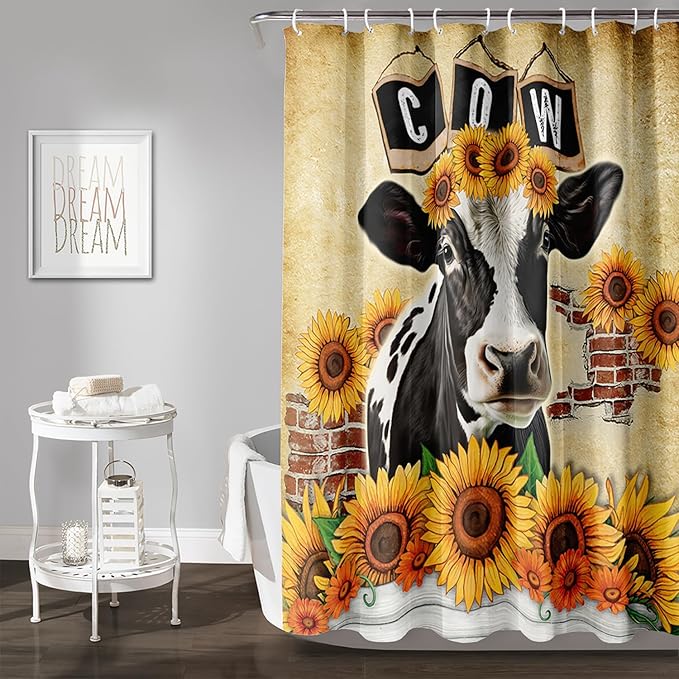 AILONEN Cow Shower Curtains for Kids Boys Girls,Farm Sunflower Cow Bath Curtains for Bathroom Decor,72" W*72" H Polyester Waterproof with 12 Plastic Hooks