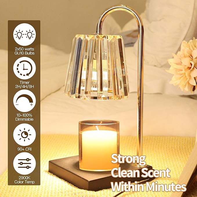 Candle Warmer Lamp With 2 Bulbs, Timer & Dimmer 7-Levels, Top Melting Compatible Jar Candles, Glass Heater for Scented Wax, Home Decor Gift for Mom (Clear)