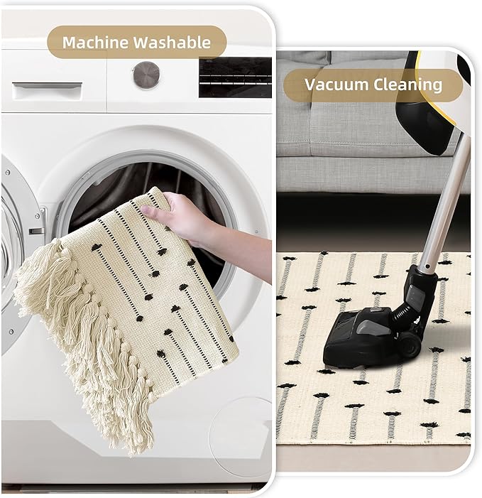 Tritard Boho Bathroom Rug 2x3 - Woven Cotton Area Rugs with Tassels Small Aztec Entryway Rug Washable Farmhouse Bath Door Mat Low Pile Throw Rugs for Entrance, Kitchen, Front Porch, Beige Cream