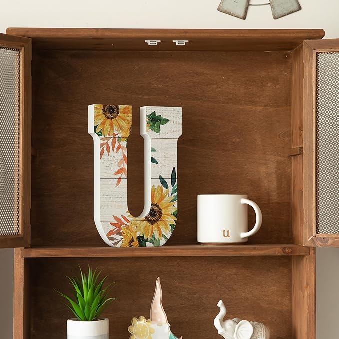COLLECTIVE HOME - 10" Wood Lettes for Wall Decor, Sunflower Tabletop Alphabet Decoration, DIY Farmhouse Decor, Rustic Freestanding Monogram Block (U)