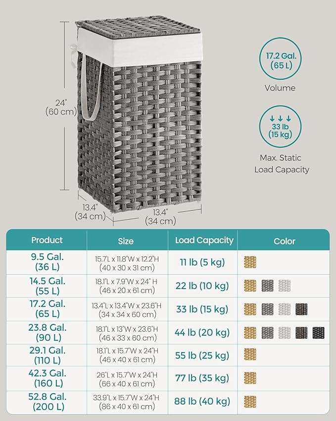 SONGMICS Laundry Hamper with Lid, 17.2 Gallon (65 L) Synthetic Rattan Clothes Laundry Basket with Lid and Handles, Foldable, Removable Liner, Dove Gray ULCB165G01