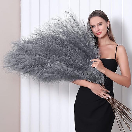 8 Pcs 45 inch Tall Faux Pampas Grass Decor, Large Artificial Grey Pompous Grass Bulk, Long Fake Pompas for Floor Vase Filler, Wedding, Baby Shower, Home and Boho Decor (Grey)