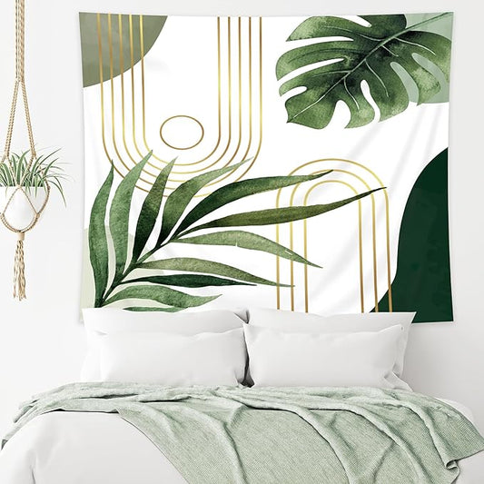 KOMLLEX Abstract Boho Mid Century Tapestry Tropical Leaves Modern Geometric Arch Minimalist Bohemian Plant Botanical Aesthetic Wall Hanging Neutral Sage Green Gold Home Decor Art for Bedroom 78Wx59H