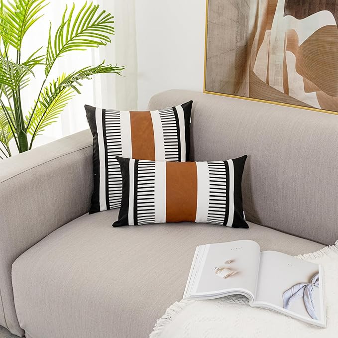 Boho Striped Lumbar Pillow Covers 12x20 inch, Modern Leather Couch Pillowcase,Farmhouse Home Decor, Black (Pack of 2, Cover ONLY)
