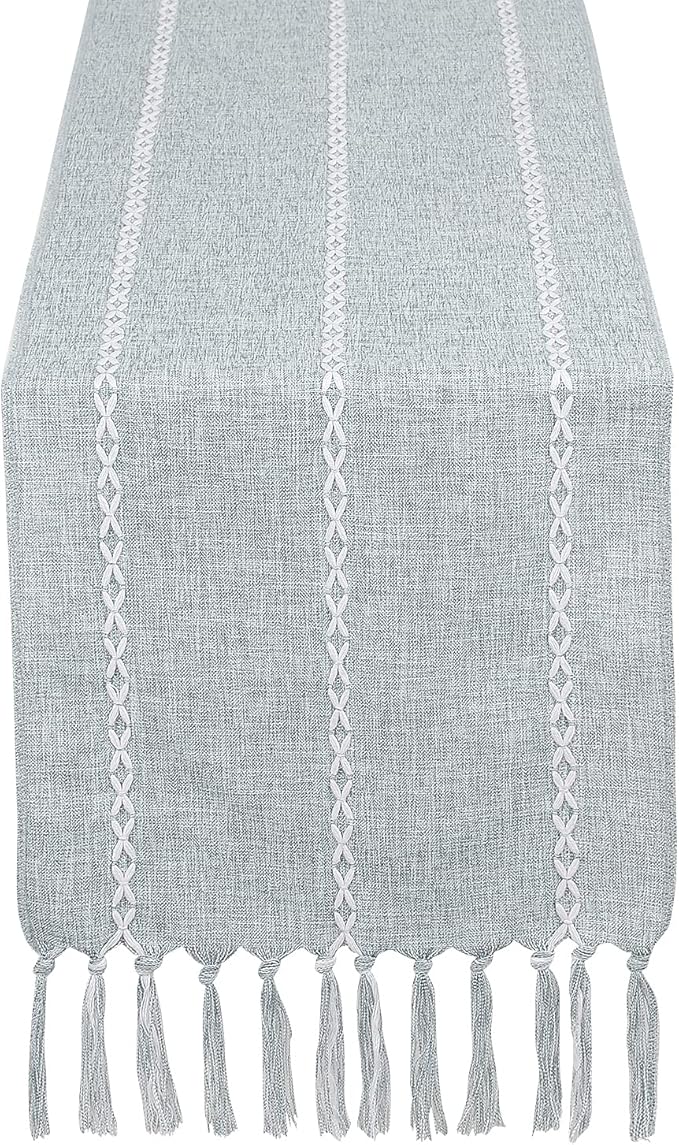 Rustic Farmhouse Style Linen Table Runner, Boho Handmade Tassel Embroidery Table Runners 60 Inches Long for Holiday Party, Dresser and Dining Decorations, 13 inchW X 60 inchL - Light Grey