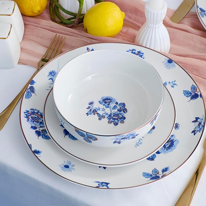 Stone Lain Viola 12-Piece Dinnerware Set Porcelain, Plates and Bowls Set, Dish Set for 4, Microwave and dishwasher Safe, Blue