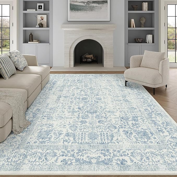 Blue Area Rug 9x12 Machine Washable Large Vintage Living Room Distressed Non Slip Carpet Traditional Indoor Bedroom Retro Floral Accent Throw Rug for Office Kitchen Dining Room