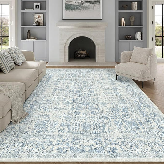 Blue Area Rug 9x12 Machine Washable Large Vintage Living Room Distressed Non Slip Carpet Traditional Indoor Bedroom Retro Floral Accent Throw Rug for Office Kitchen Dining Room