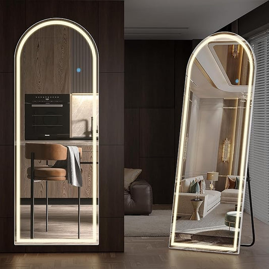 71" x 26" Arched Full Length Mirror with LED Lights, Floor Mirror with Stand, Wall Mirrors Full Length, Body Floor Mirrors, Wall Mounted for Bedroom, Dimmable, Tempered Glass