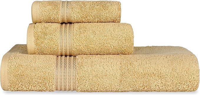 Superior Egyptian Cotton 3-Piece Towel Set, Basic Towels For Bathroom, Home Decor, Guest Bath, Shower, Apartment, Included 1 Face, 1 Hand, 1 Bath Towel, Washcloth, Quick Dry, Gold