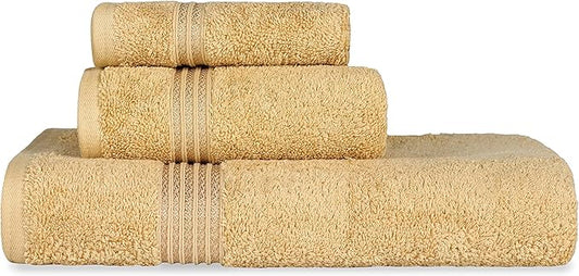 Superior Egyptian Cotton 3-Piece Towel Set, Basic Towels For Bathroom, Home Decor, Guest Bath, Shower, Apartment, Included 1 Face, 1 Hand, 1 Bath Towel, Washcloth, Quick Dry, Gold