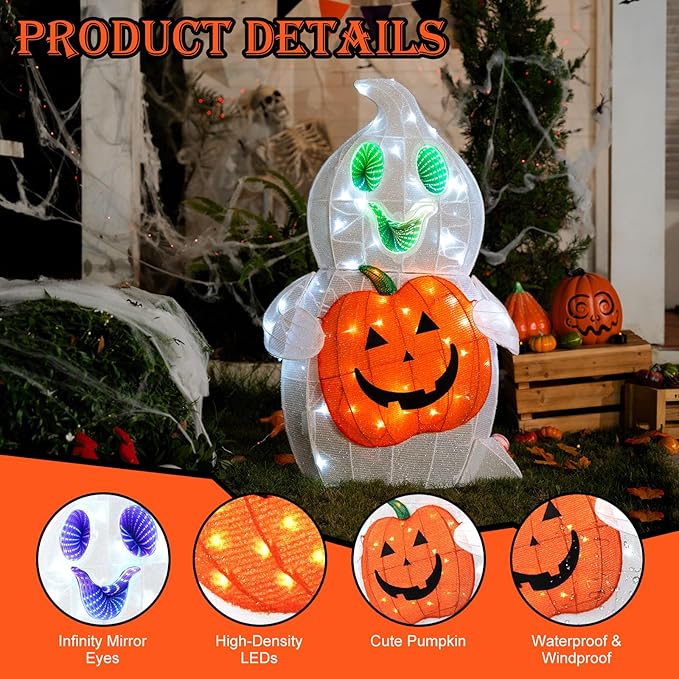 Halloween Ghost Decor, 128 LED Pre-Lit Ghost Halloween Decorations with Animated Eyes Cute Light Up Ghost Holding Pumpkin Glowing Ghosts Fall Decor for Outdoor, Indoor, Yard, Porch, Garden