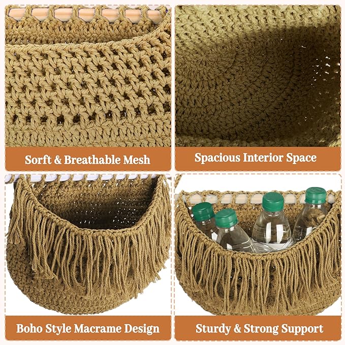 4 Tier Hanging Fruit Basket for Kitchen, 4 Pack Detachable Cotton Crocheted Wall Hanging Baskets Shelf Over Door Organizer for Fruit Veggie Plant, Hanging Storage Basket for Bathroom Bedroom(Brown)