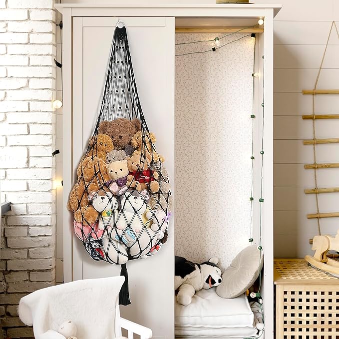 Stuffed Animal Hammock Corner Hanging Net for Stuffy Animal Storage Macrame Toy Display Plushie Toy Holder-Perfect for The Tiny Space Walls, Kid Bedroom Decor Playroom Organizer (Black)