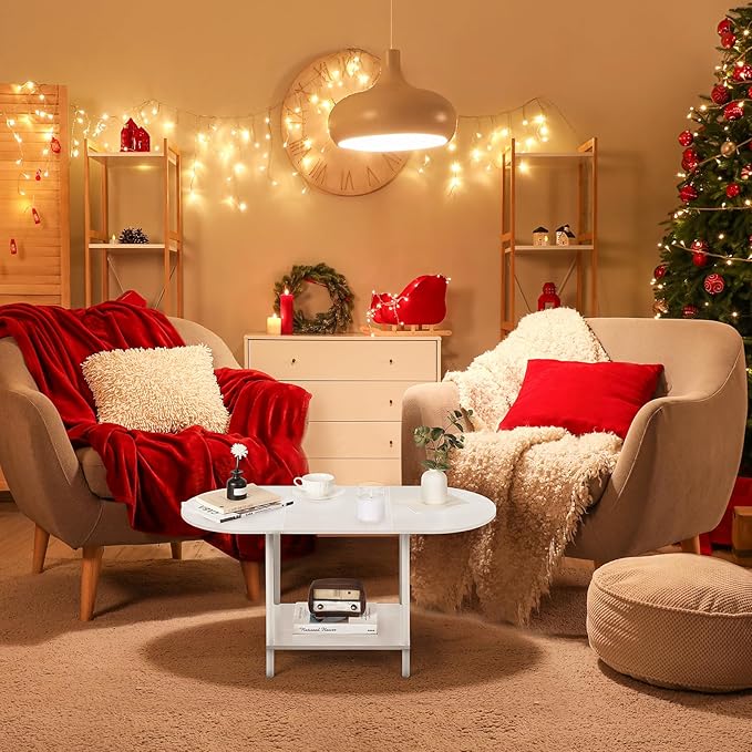 White Coffee Tables for Living Room,2-Tier Small Coffee Table Industrial Modern Oval Center Table with Storage Shelf and Wood Tabletop,for Small Space,Home Office