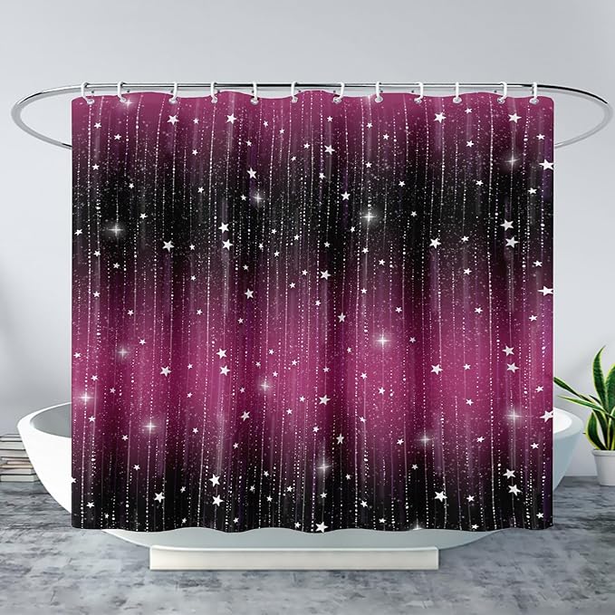 AILONEN White Star Shower Curtain,Dreamy Starry Sky Bathroom Fabric Shower Curtain for Girls Boys Kids Teens, 72" W*96" H Black and Purple Theme Bathroom Decor