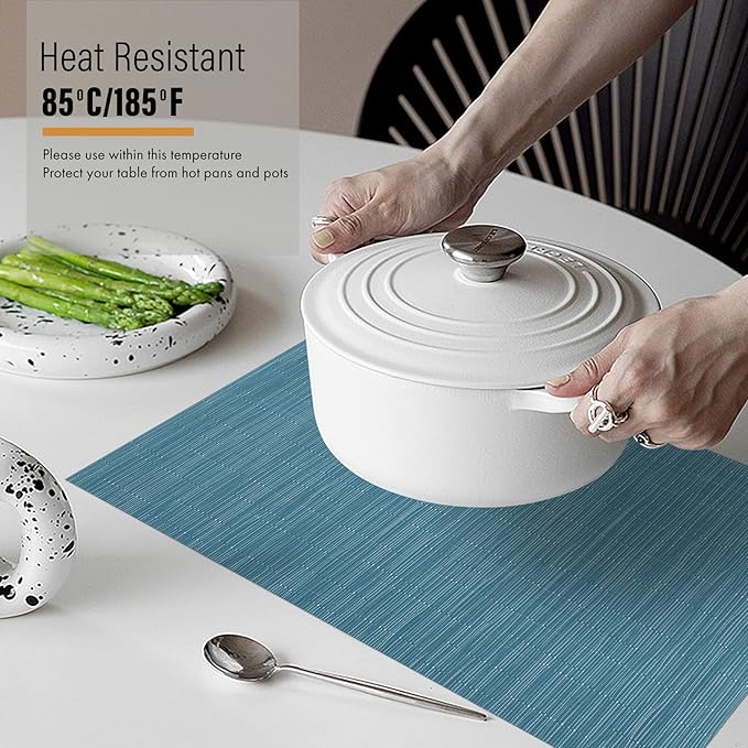 Winknowl Placemats, Washable Vinyl Woven Indoor and Outdoor Heat Stain and Water Resistant Elegant Table Mats for Dining Table Set of 8 (Blue)