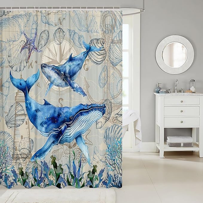 Feelyou Whale Shower Curtain Ocean Themed Fabric Shower Curtain for Kids Boys Girls Shells and Corals Bathroom Waterproof Accessories with 12 Hooks Blue and Brown Curtains,72X84 Inches