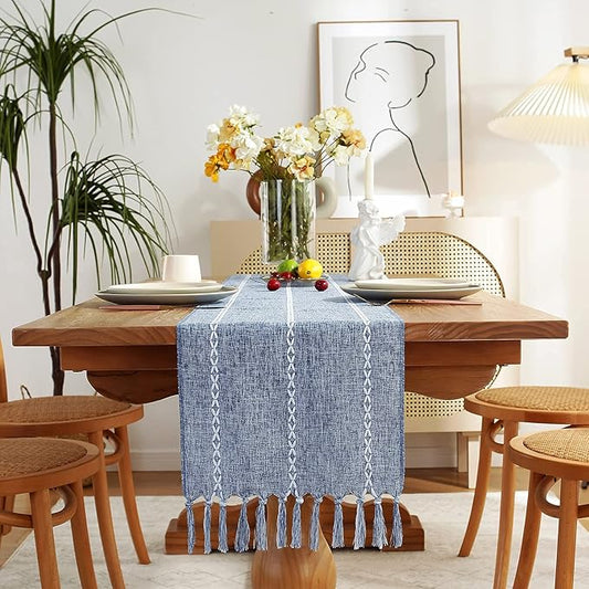 Chassic Rustic Farmhouse Style Linen Table Runner, Boho Handmade Tassel Embroidery Table Runners 72 Inches Long for Holiday Party, Dresser and Dining Decorations, 13 x 72 inch - Blue