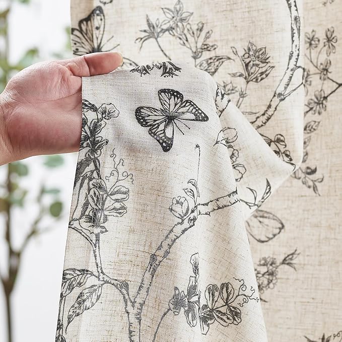 Lazzzy Linen Black Floral Curtains 90 Inch Length Farmhouse Curtain Back Tab Drapes for Living Room Bedroom Light Filtering Vintage Rod Pocket Curtains, 2 Panels, Black on Beige