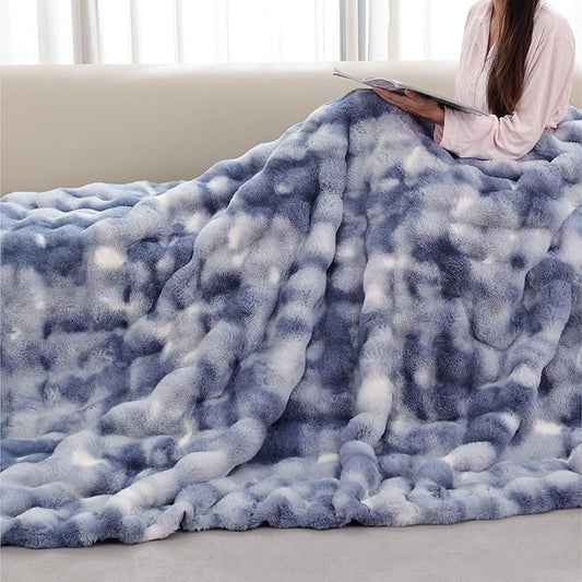 Tie-dye Blue Cozy Faux Fur Throw Blanket for Couch Bed Living Room 60x80 Furry Soft Fluffy Thick Warm Blanket for Winter Home Gifts 860 GSM