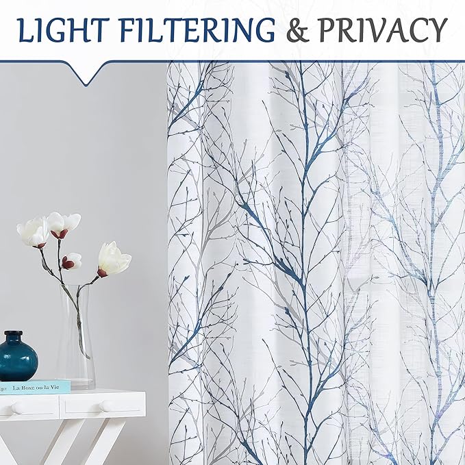 FMFUNCTEX Blue White Sliding Glass Door Curtain 84 Inches Long Branch Tree Print 100 Inch Extra Wide Linen Semi Sheer White Grommet Curtain for Living Room Patio Door Room Divider Curtain 1 Panel