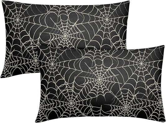 Halloween Spiderweb Pillow Covers 12x20 Set of 2 Black White Spider Web Outdoor Decorative Throw Pillows Halloween Scary Themed Farmhouse Pillowcases Linen Cushion Case Decor for Home Sofa Couch Bed