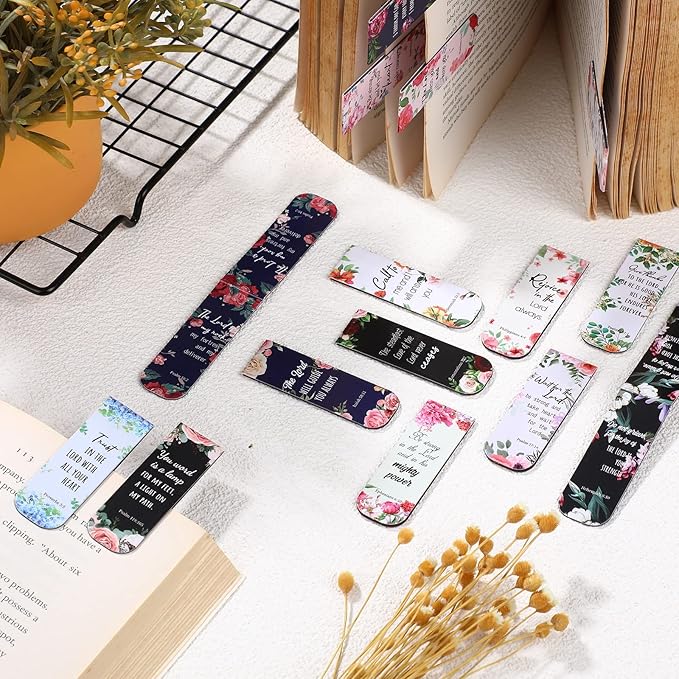 Zonon 48 Pcs Bible Verse Magnetic Bookmarks, Inspirational Scripture Christian Book Markers Religious Motivational Encouragement Flower Page Clips Presents for School Supplies(Elegant Style)