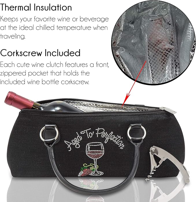 Wine Clutch Bag (Thermal Insulated) Trendy Women’s Carry Tote | Holds Red & White 750mL Bottles | Trendy Fashion | Incl. Portable Waiter-Style Corkscrew (Aged to Perfection)