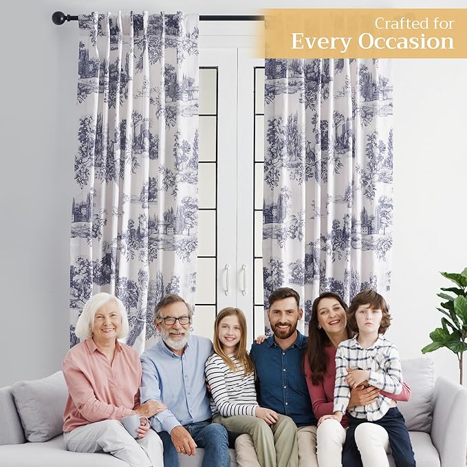 Maison d' Hermine Curtains for Living Room 100% Cotton 124 inch Length Two Panels Light Filtering Toile Curtains for Bedroom Windows with Rod and Loop Pockets Drapes (Trianon Blue, 50" W x 124" L)