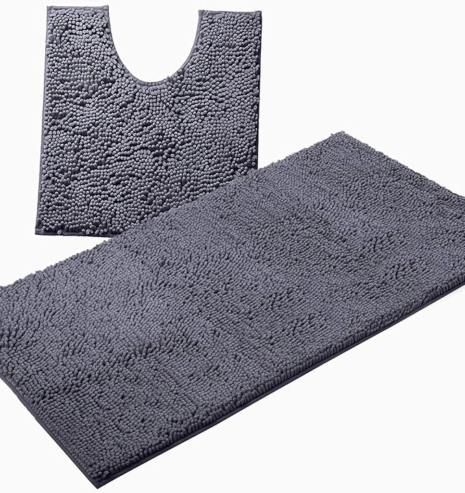 Bathroom Rugs Sets 2 Piece, Luxury Chenille Bath Mat Set, Soft Plush Anti-Slip Bath Rug + U-Shaped Toilet Mat. Microfiber Shaggy Carpet, Super Absorbent (24” x 36” & 20” x 24” U, Dark Grey)