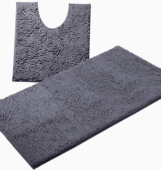 Bathroom Rugs Sets 2 Piece, Luxury Chenille Bath Mat Set, Soft Plush Anti-Slip Bath Rug + U-Shaped Toilet Mat. Microfiber Shaggy Carpet, Super Absorbent (24” x 36” & 20” x 24” U, Dark Grey)