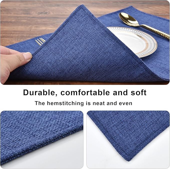 Navy Blue Cloth Placemats Set of 8 - Double Thickened Easy to Clean Linen Style Fabric Placemats - Machine Washable Placemats - Heat Resistant Non-Slip Table Mats (Navy Blue, 8)