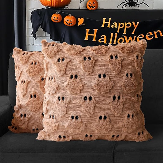 4TH Emotion Halloween Ghost Decorative Pillow Covers 20x20 Set of 2, Light Brown Soft Plush Faux Fur Farmhouse Throw Cushion Cases for Fall Autumn Holiday Home Decorations