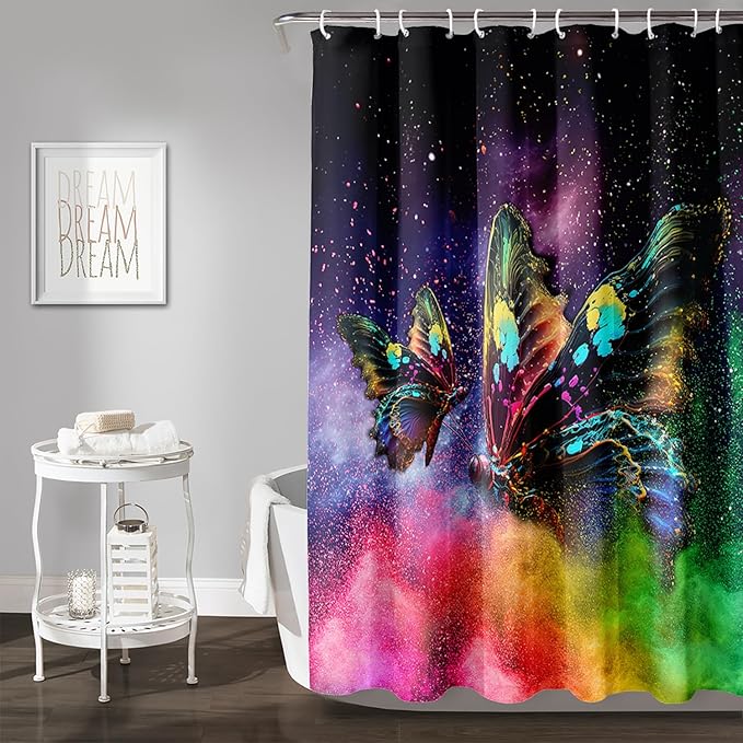 AILONEN Butterfly Shower Curtain for Bathroom, Rainbow Butterfly Bath Curtain,Modern 3D Printed Waterproof Tie Dye Shower Curtain with 12 Plastic Hooks (Kids/Girls/Women/Teen/) 36" W*72" H