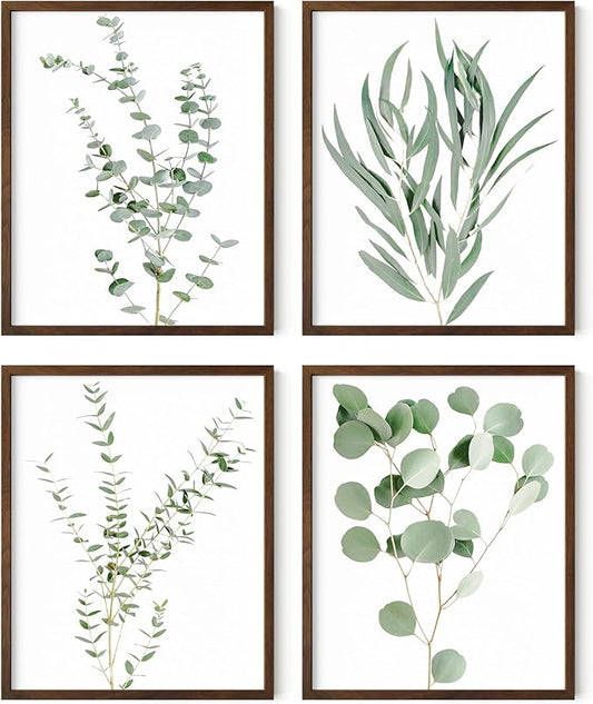 HAUS AND HUES Botanical Plant Wall Art Prints - Set of 4 Plant Wall Decor Prints, Floral Kitchen, Flower Leaves Wall Art, Boho Leaf Eucalyptus Wall Decor, Green Botanical Poster (Walnut Frame, 16x20)
