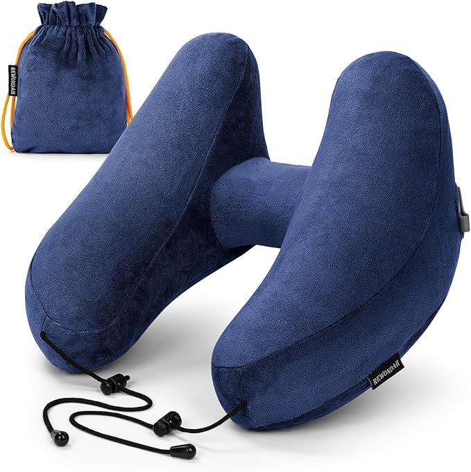 Inflatable Travel Pillow, H-Shape Inflatable Neck Pillow for Traveling on Plane, Washable Cover Travel Pillow Inflatable Airplane Pillow for Neck Support, Blow up Neck Pillows for Air Travel
