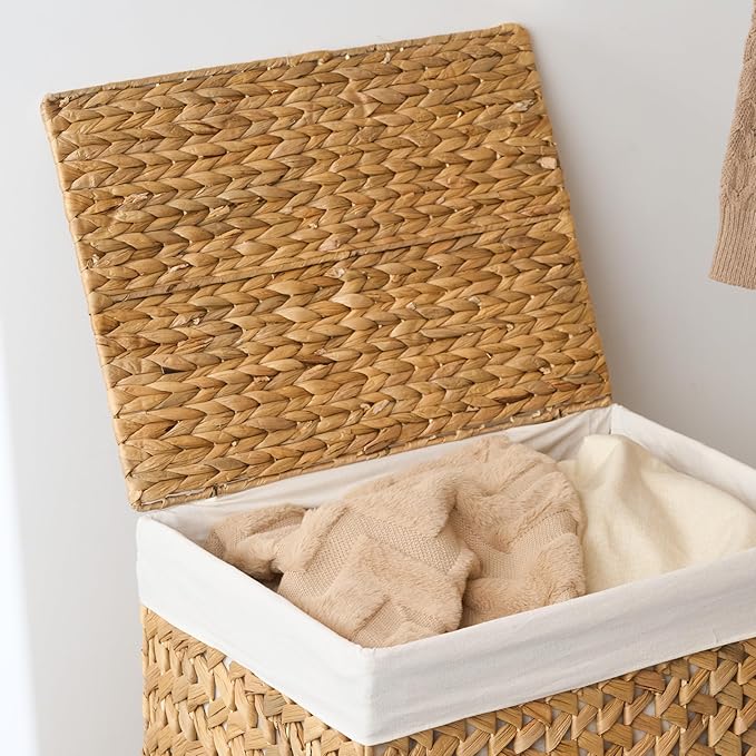 Ludmila Water Hyacinth Woven Rectangular Laundry Hamper Woven Laundry Basket with Lid - Large Wicker Basket for Clothes Storage (Natural Brown, 20.9x1x24.8 in)